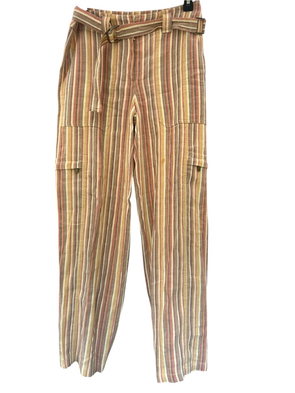 Michaa Striped Straight-Leg Cargo Pants in Beige and Brown Linen Blend